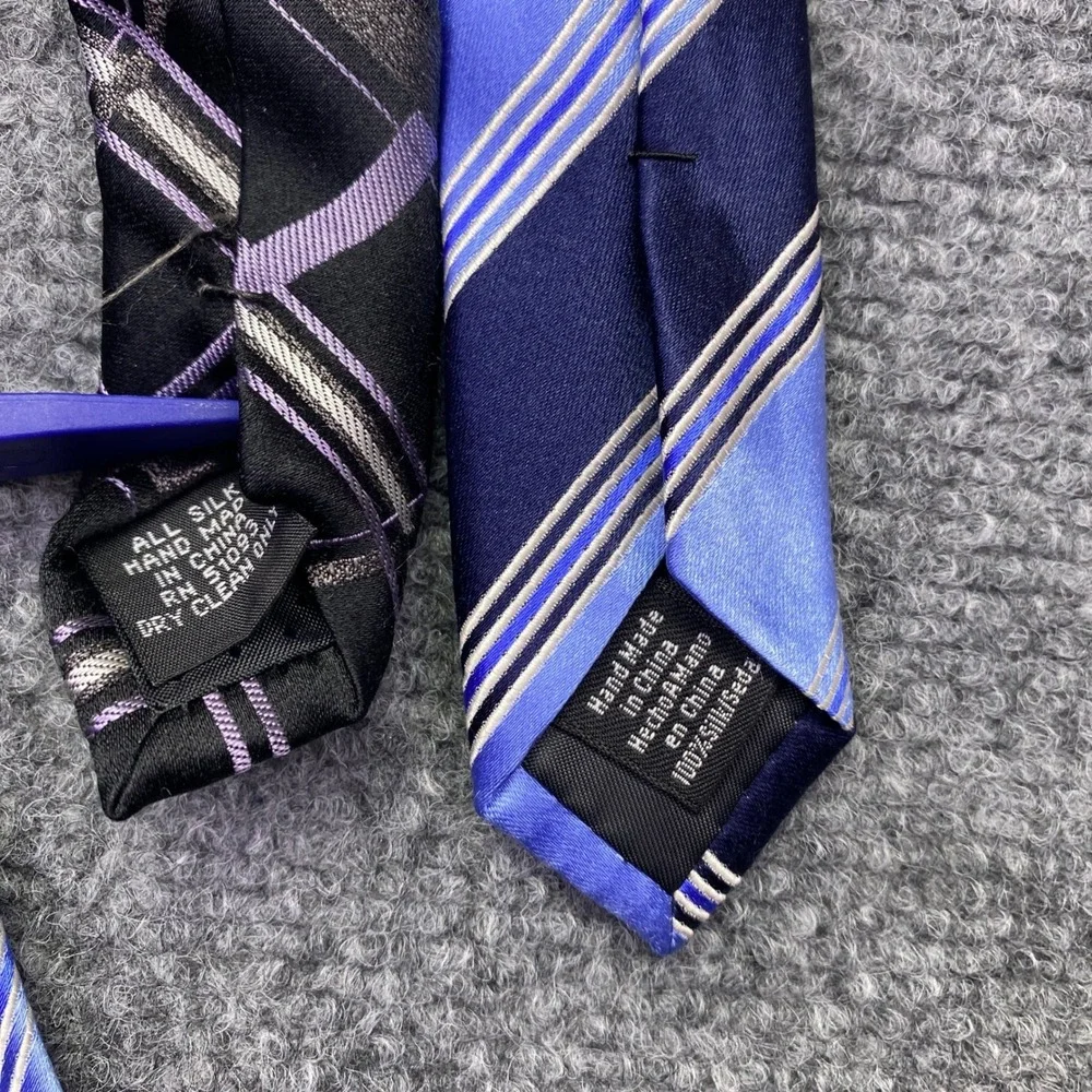 Stafford Mens Silk Tie Lot 2 Black‎ Plaid Purple Blue Striped Performance Preppy